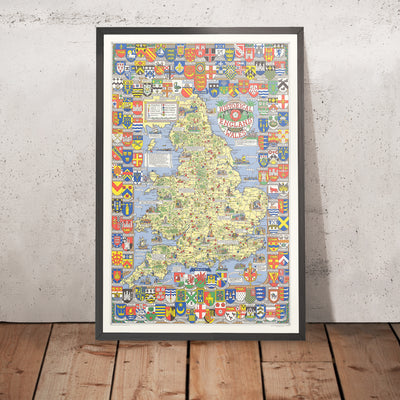Ancienne carte picturale de l'Angleterre et du Pays de Galles par Bullock, 1958 : Londres, châteaux, rivières, armoiries, batailles