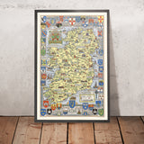Ancienne carte picturale de l'Irlande par Bullock, 1955 : batailles historiques, noms de famille, blasons 
