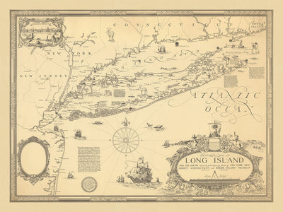 Ancienne carte illustrée de Long Island par Clegg, 1925 : ville de New York, détroit de Long Island, monuments historiques, routes maritimes, premiers établissements