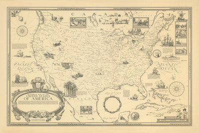 Ancienne carte illustrée des États-Unis par Clegg, 1926 : New York, Chicago, l'océan Pacifique, les Rocheuses, vignettes historiques