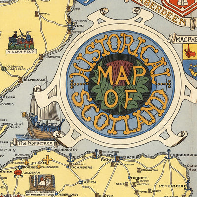 Old Historical Map of Scotland by Bullock, 1950: Clans, Tartans, Battles, Castles, Wildlife, Coats of Arms