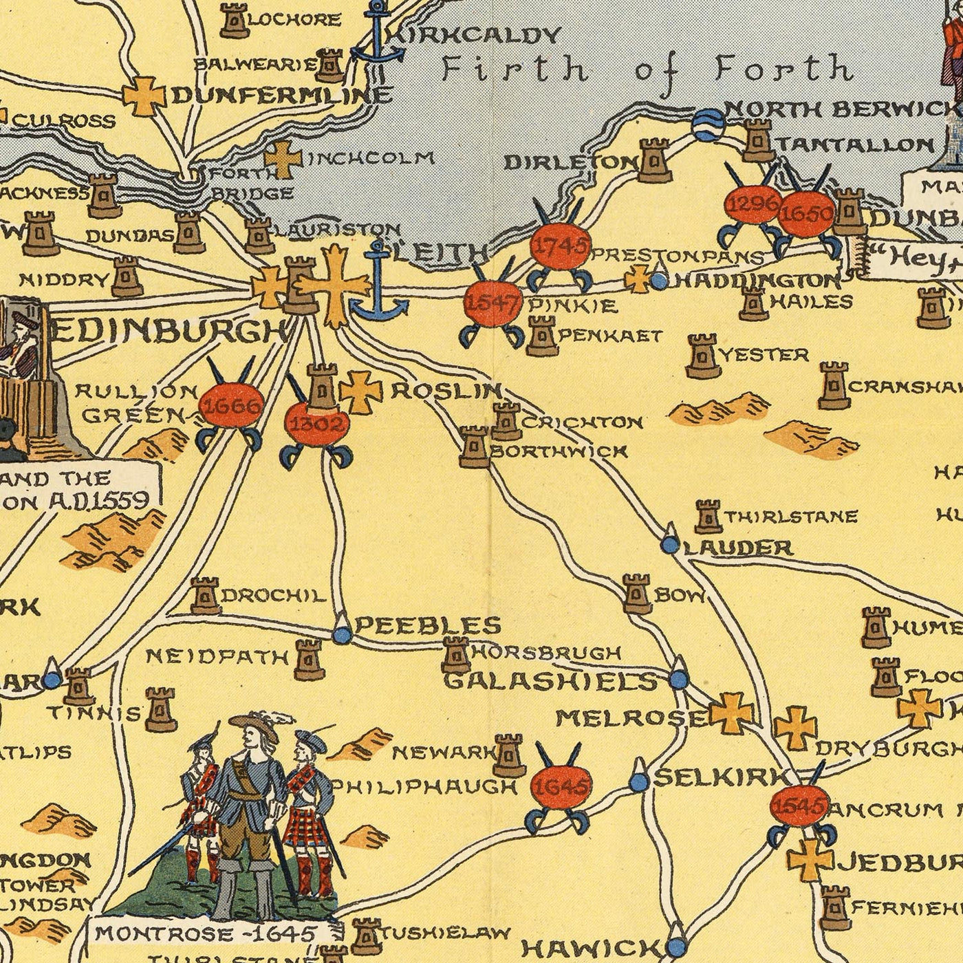 Old Historical Map of Scotland by Bullock, 1950: Clans, Tartans, Battles, Castles, Wildlife, Coats of Arms