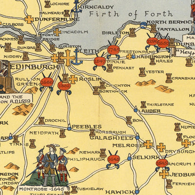 Old Historical Map of Scotland by Bullock, 1950: Clans, Tartans, Battles, Castles, Wildlife, Coats of Arms