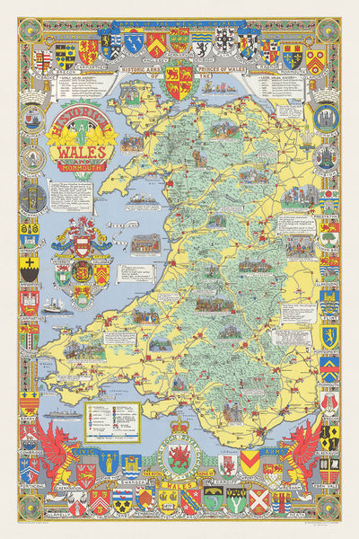 Old Pictorial Map of Wales by Bullock, 1966: Castles, Cathedrals, Battles, Coats of Arms