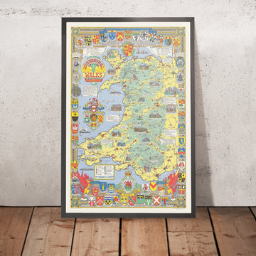 Antiguo mapa pictórico de Gales de Bullock, 1966: castillos, catedrales, batallas, escudos de armas