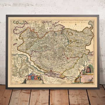 Mapa antiguo de Holstein de Visscher, 1690: Hamburgo, Lübeck, Kiel, Rendsburg, Neumünster