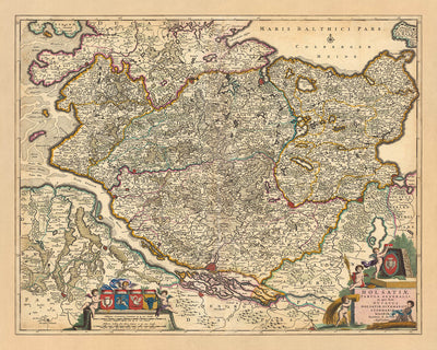 Old Map of Holstein by Visscher, 1690: Hamburg, Lübeck, Kiel, Rendsburg, Neumünster