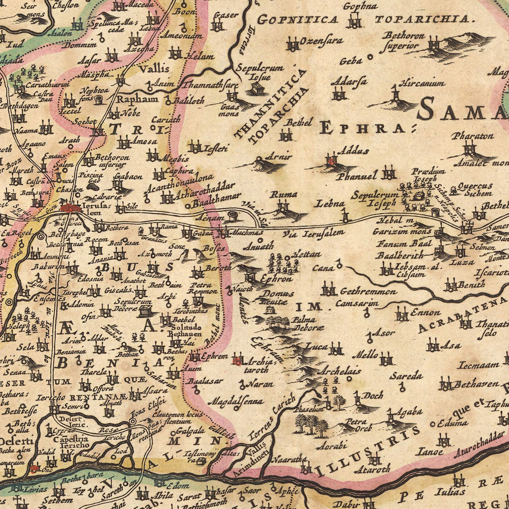 Old Map of the Holy Land by Visscher, 1690: Tribes of Israel, Moses, Jerusalem, Nazareth, West Bank, Haifa, Dead Sea