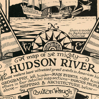Antiguo mapa pictórico del río Hudson por Waugh, 1958: West Point, Albany, Saratoga Springs, Henry Hudson, Mary Powell