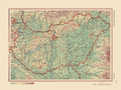 Old Map of Hungary, 1967: Budapest, Danube River, Lake Balaton, Great Hungarian Plain, Mátra Mountains