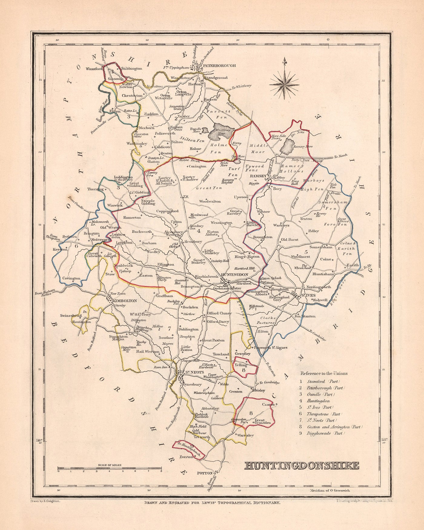 Mapa antiguo de Huntingdonshire por Samuel Lewis, 1844: St. Ives, St. Neots, Ramsey, Godmanchester y Kimbolton