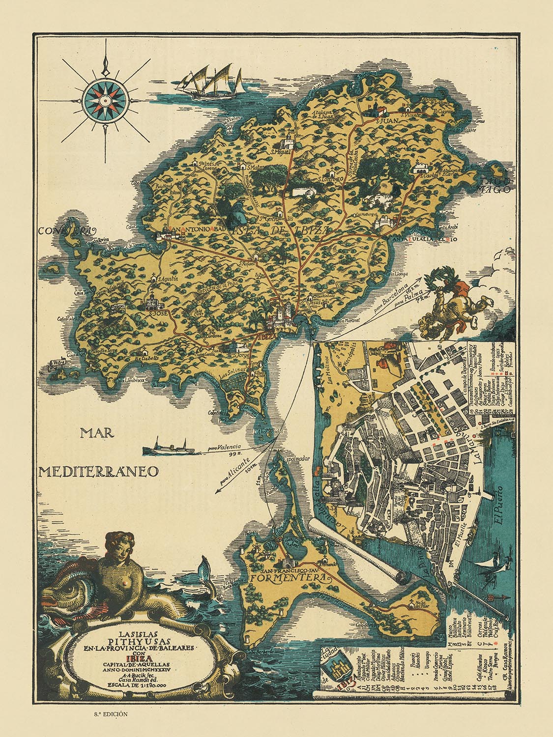 Old Map of Ibiza and Formentera, 1934: Pictorial Chart of Tourist Attractions, Landmarks, Mediterranean