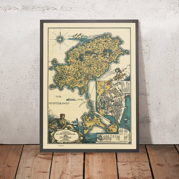 Mappa antica di Ibiza e Formentera, 1934: Carta illustrativa delle attrazioni turistiche, luoghi di interesse, Mediterraneo 