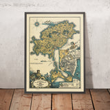 Mapa antiguo de Ibiza y Formentera, 1934: Carta pictórica de atracciones turísticas, monumentos, Mediterráneo 