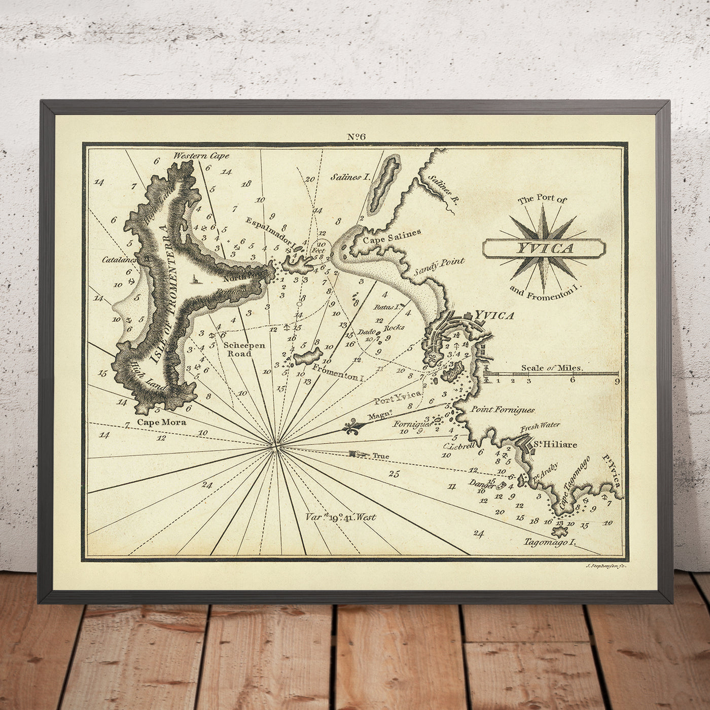Mapa antiguo de Ibiza por Heather, 1802: Ciudad de Ibiza, St. Hiliare, Puerto de Yvica, Fromenterra, Islas Baleares