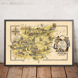 Antiguo mapa pictórico de Ile de France de Liozu, 1951: París, Versalles, Notre-Dame, Fontainebleau, Chartres