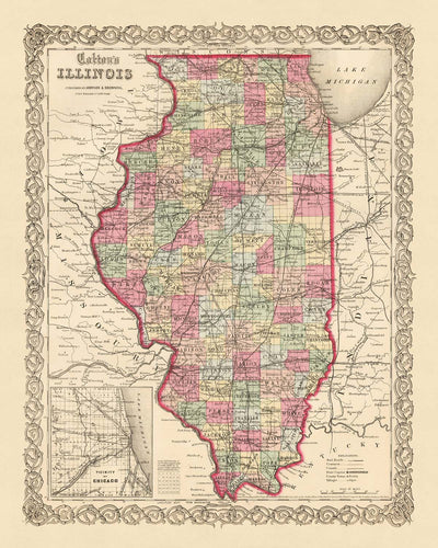 Old map of Illinois by J. H. Colton, 1855: Chicago, Peoria, Springfield, Galena, Quincy