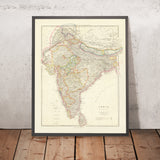 Antigua mapa de India, Pakistán y Bangladés por Arrowsmith, 1857: Ceilán, Tíbet, Nepal, Himalayas, llanuras del río Ganges 