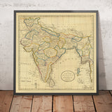 Ancienne carte de l'Inde, du Pakistan et du Bangladesh par Carey, 1814 : Hindoostan, Ceylan, Birmanie, îles Andaman, baie du Bengale 