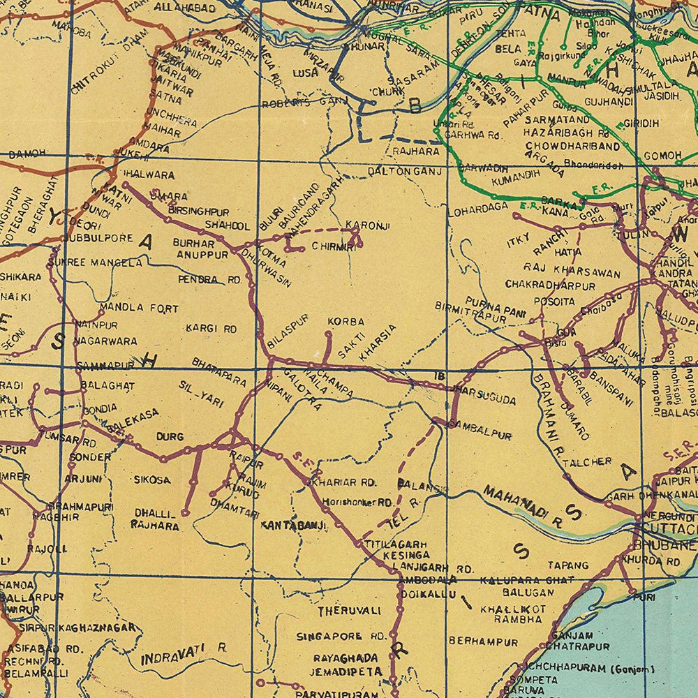 Mapa antiguo de la India por Nirdosh Publications, 1960: Ferrocarriles, Mumbai, Delhi, Calcuta, Chennai, Bangalore