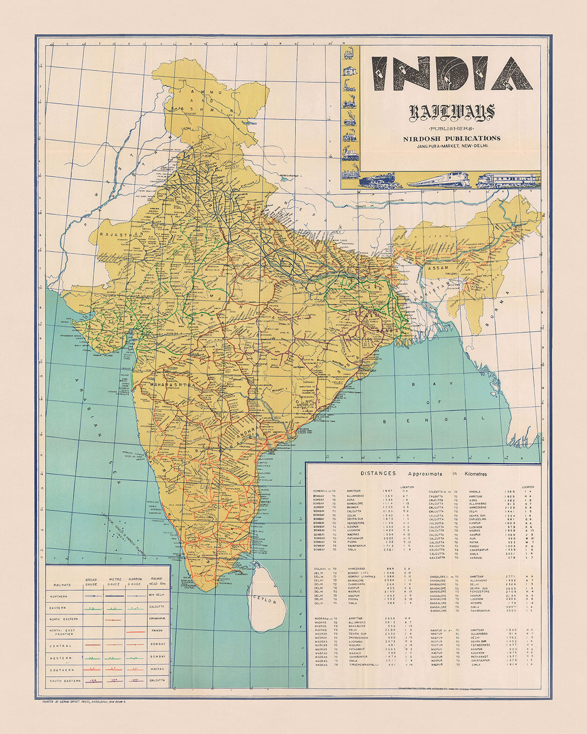 Ancienne carte de l'Inde par Nirdosh Publications, 1960 : chemins de fer, Mumbai, Delhi, Calcutta, Chennai, Bangalore
