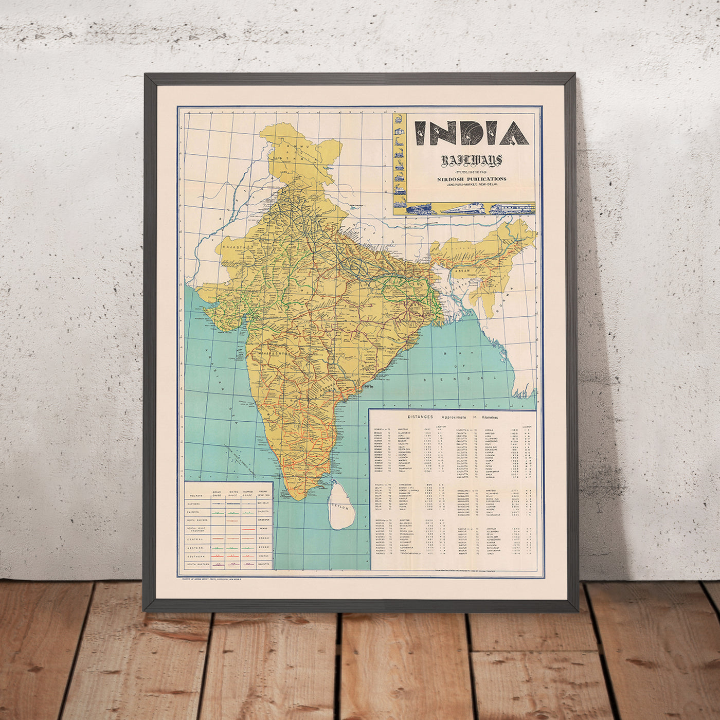 Old Map of India's Railways by Nirdosh, 1960: Mumbai, Delhi, Kolkata, Chennai, Bangalore