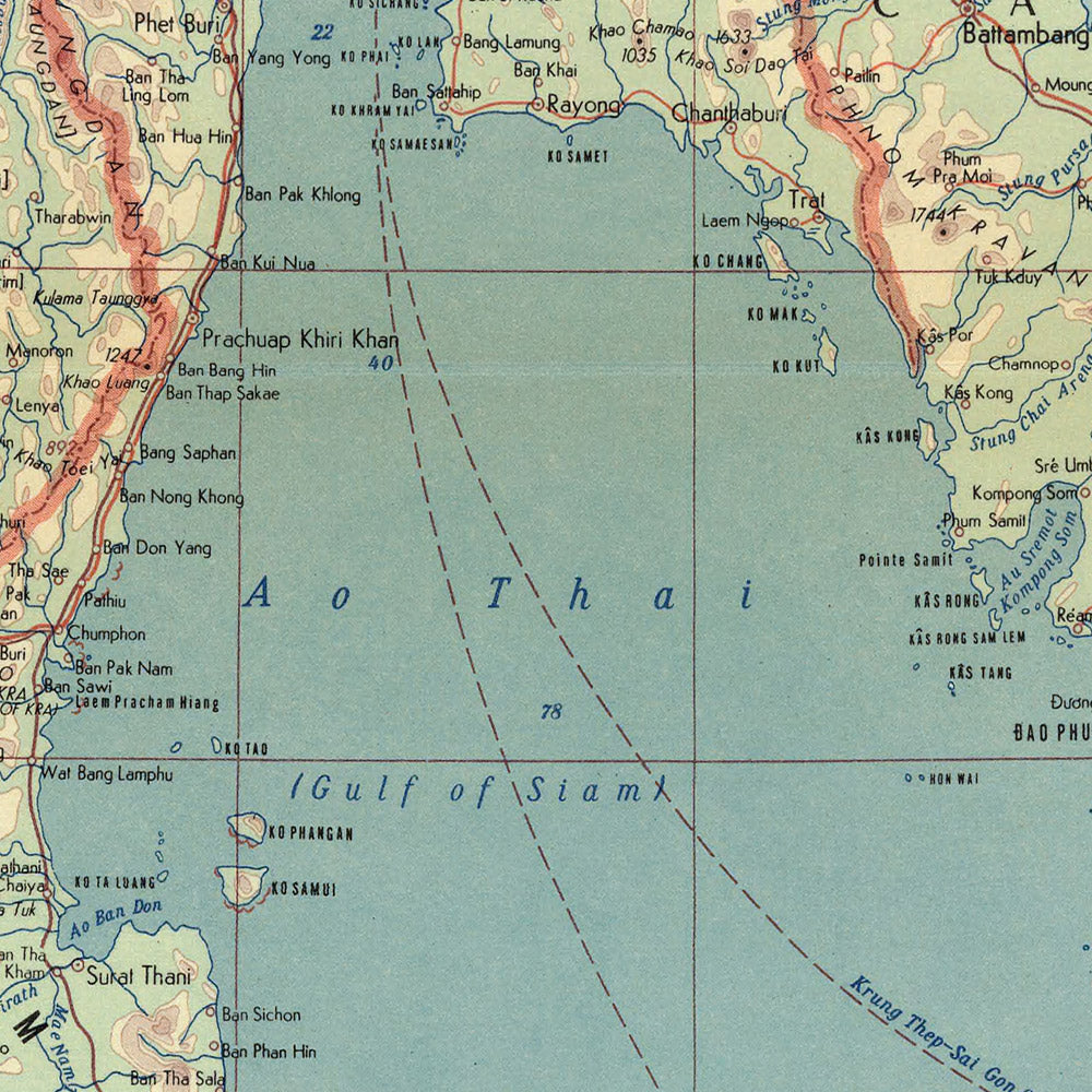 Mapa antiguo de Indonesia, Tailandia y Malasia, 1967: Yakarta, Bangkok, Kuala Lumpur, guerra de Vietnam, mapa político y físico detallado