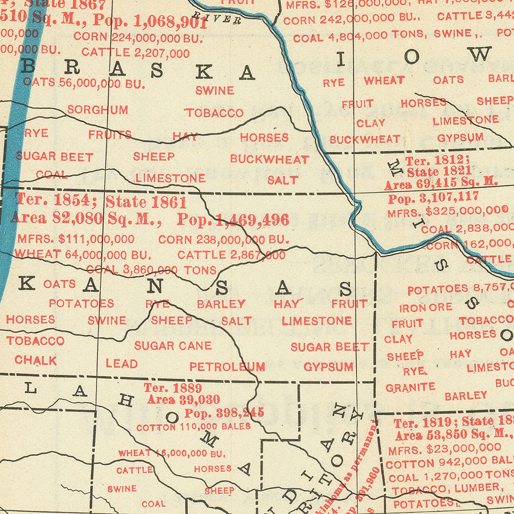 Ancienne carte infographique des États-Unis et des Philippines, 1901 : fuseaux horaires, biens économiques, croissance territoriale