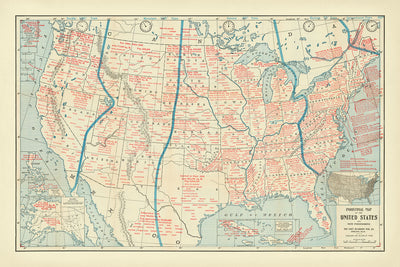 Mapa infográfico antiguo de Estados Unidos y Filipinas, 1901: zonas horarias, bienes económicos, crecimiento territorial