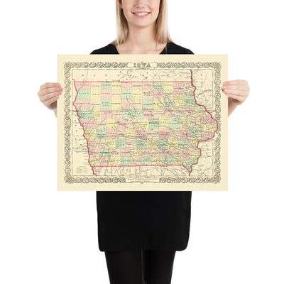 Mapa antiguo de Iowa por JH Colton, 1856: Des Moines, Iowa City, Dubuque, Davenport, Burlington