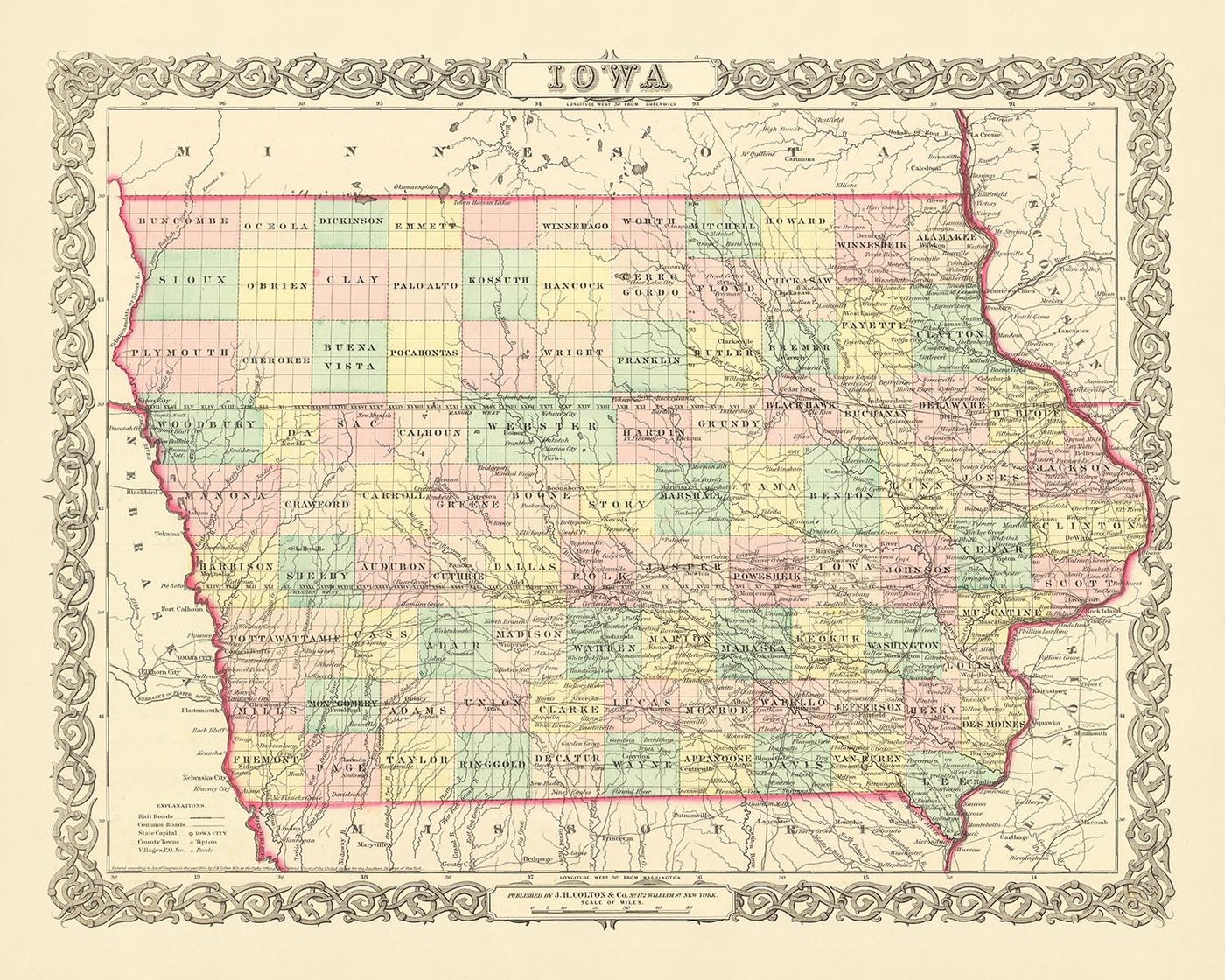 Old map of Iowa by J. H. Colton, 1856: Des Moines, Iowa City, Dubuque, Davenport, Burlington