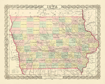 Ancienne carte de l'Iowa par JH Colton, 1856 : Des Moines, Iowa City, Dubuque, Davenport, Burlington