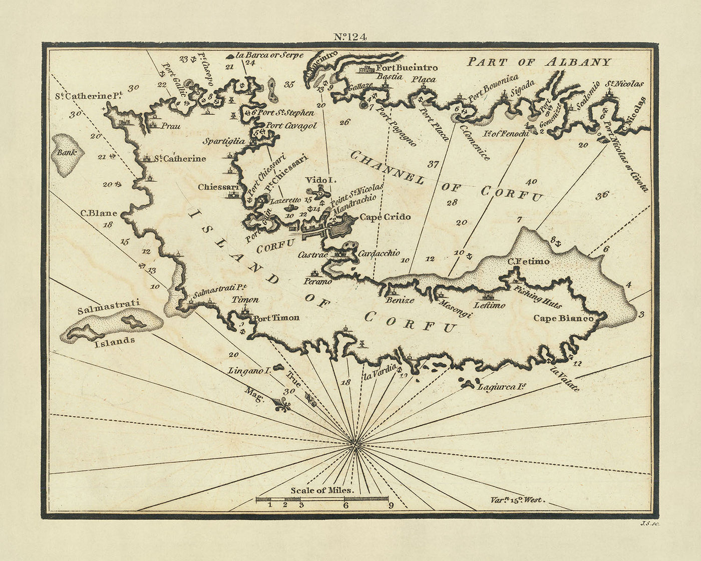 Alte Seekarte von Korfu und der albanischen Küste von Heather, 1802: Fort St. Stephen, Port Cavagol, venezianischer Einfluss
