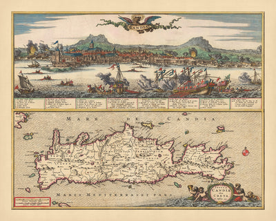 Old Map of Crete by Visscher, 1690: Chania, Heraklion, Agios Nikolaos, Rethimno, White Mountains