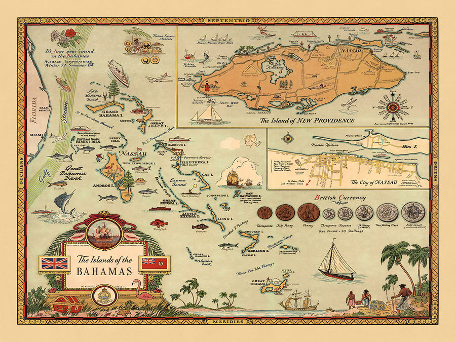 Mappa Antica delle Bahamas, 1951: Mappa Pittorica di Nassau, Nuova Provvidenza e Vita Bahamense 