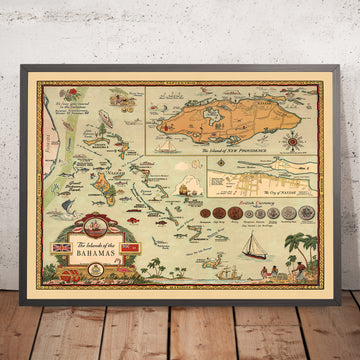 Old Map of The Bahamas, 1951: Pictorial Map of Nassau, New Providence, and Bahamian Life