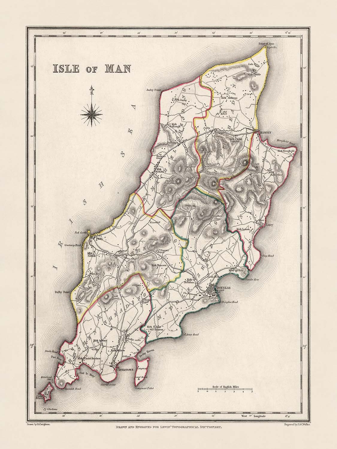Antigua mapa de la Isla de Man por Samuel Lewis, 1844: Douglas, Ramsey, Peel, Castletown y Port Erin 