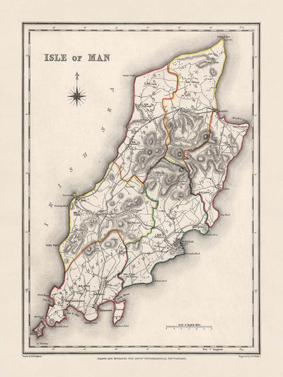 Antigua mapa de la Isla de Man por Samuel Lewis, 1844: Douglas, Ramsey, Peel, Castletown y Port Erin 