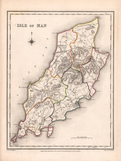 Old Map of Isle of Man by Samuel Lewis, 1844: Douglas, Ramsey, Peel, Castletown, and Port Erin