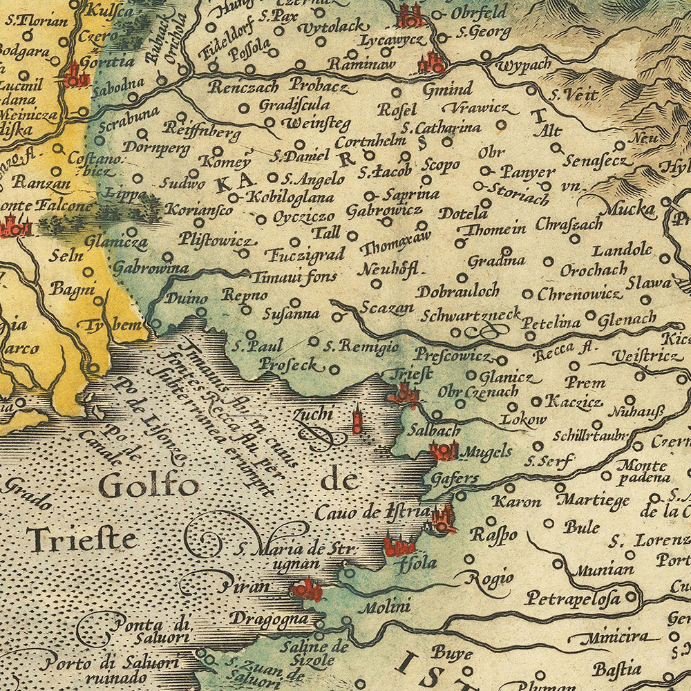 Mapa antiguo de Eslovenia, Croacia e Italia de Mercator, 1619: Liubliana, Trieste, Istria, Karst, Golfo de Venecia