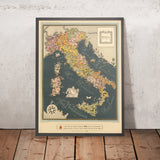 Vecchia mappa pittorica d'Italia di De Agostini, 1938: Roma, Milano, Venezia, Alpi, Regioni, Sicilia, Sardegna, ecc 