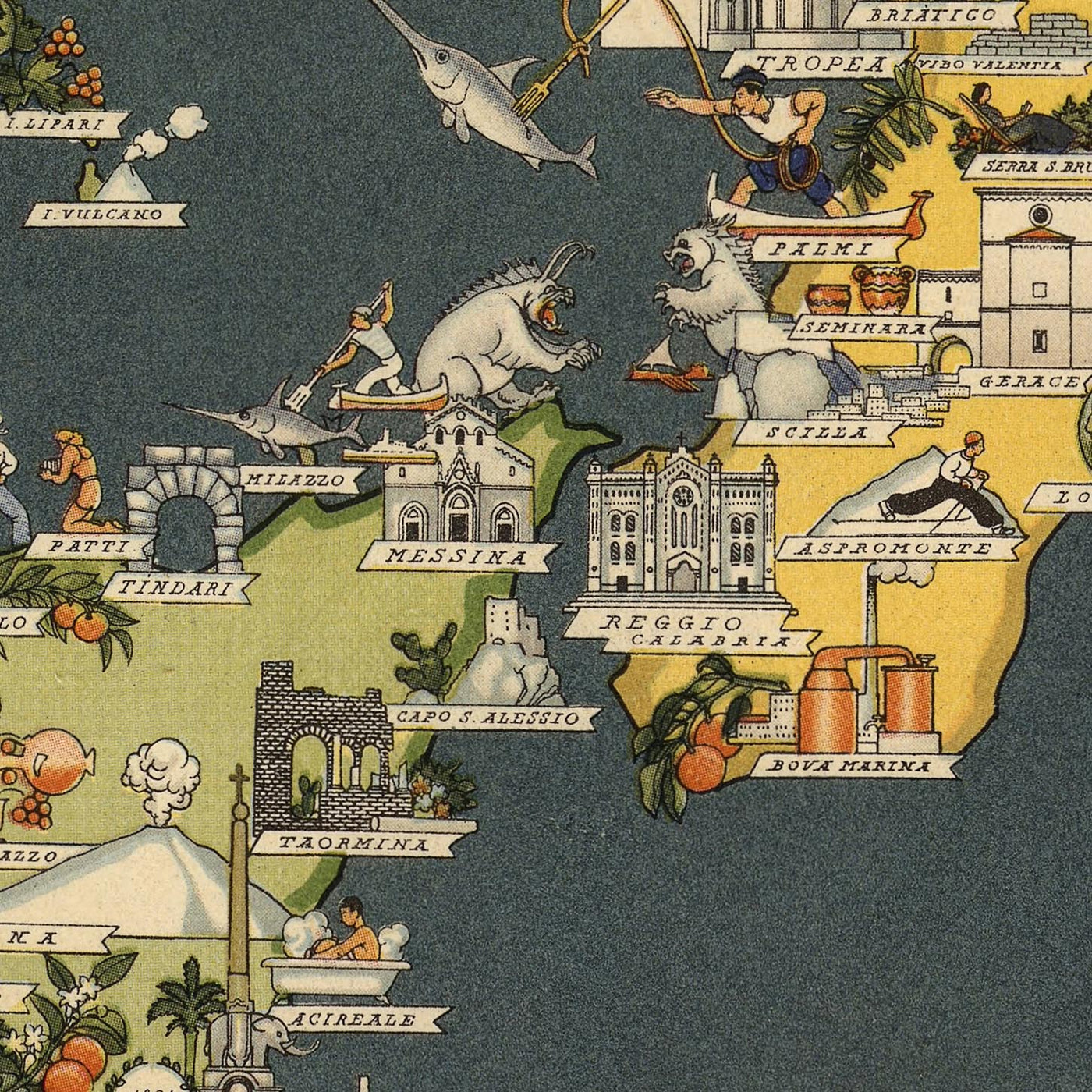 Old Pictorial Map of Italy by De Agostini, 1938: Rome, Milan, Venice, Alps, Regions, Sicily, Sardinia, etc