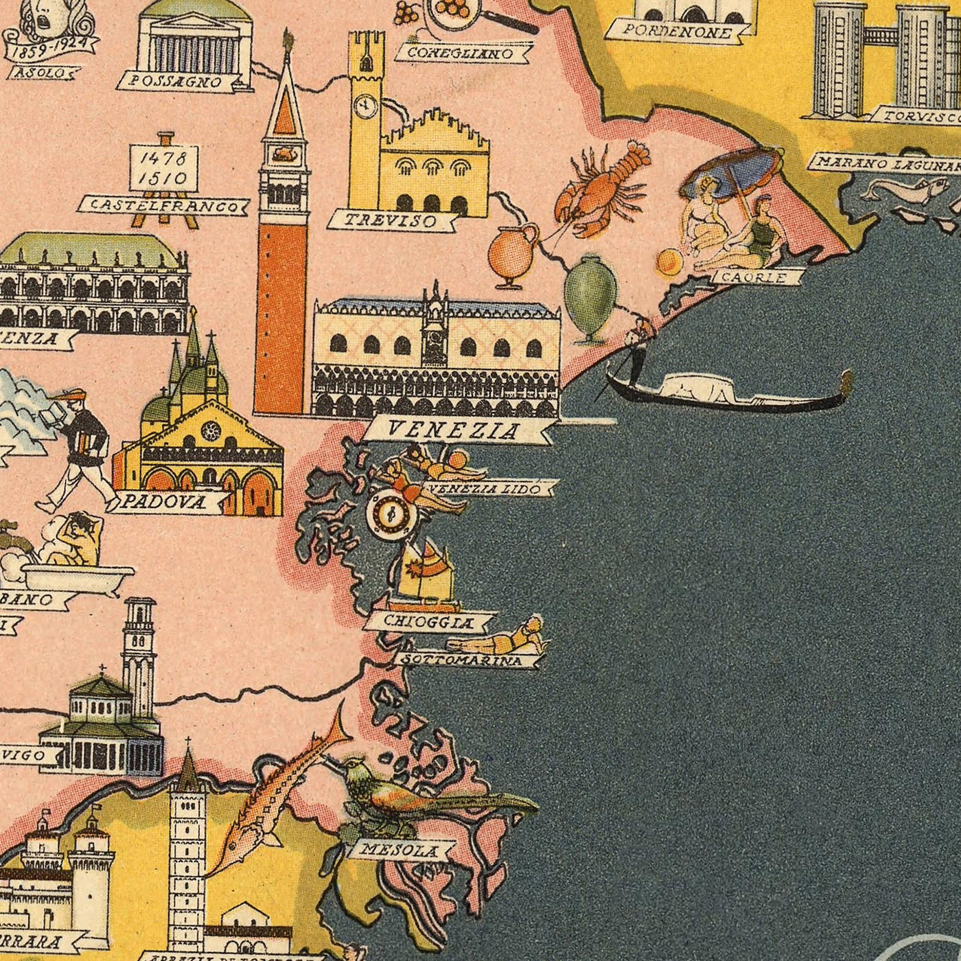 Old Pictorial Map of Italy by De Agostini, 1938: Rome, Milan, Venice, Alps, Regions, Sicily, Sardinia, etc