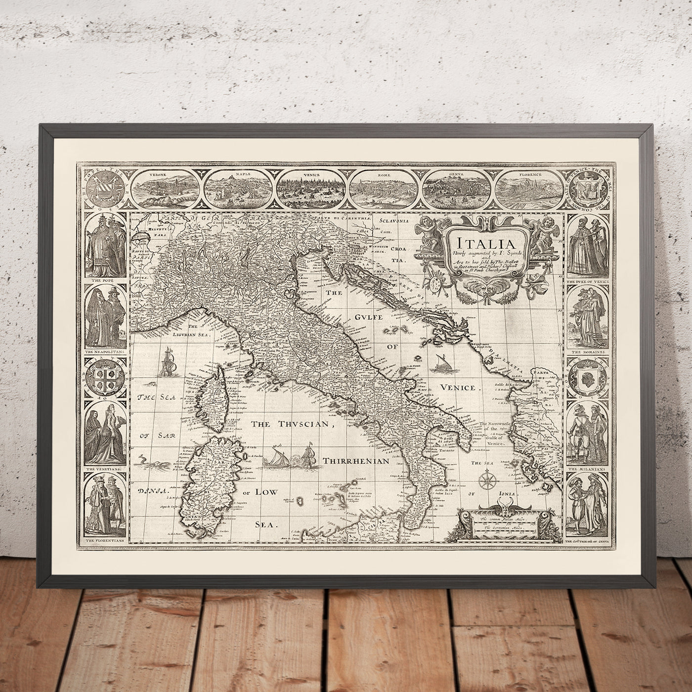 Old Monochrome Map of Italy, 1627 by John Speed - Corsica, Sardinia, Sicily, Venice, Rome, The Pope