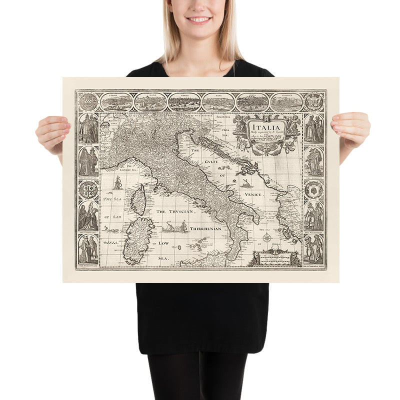 Old Monochrome Map of Italy, 1627 by John Speed - Corsica, Sardinia, Sicily, Venice, Rome, The Pope