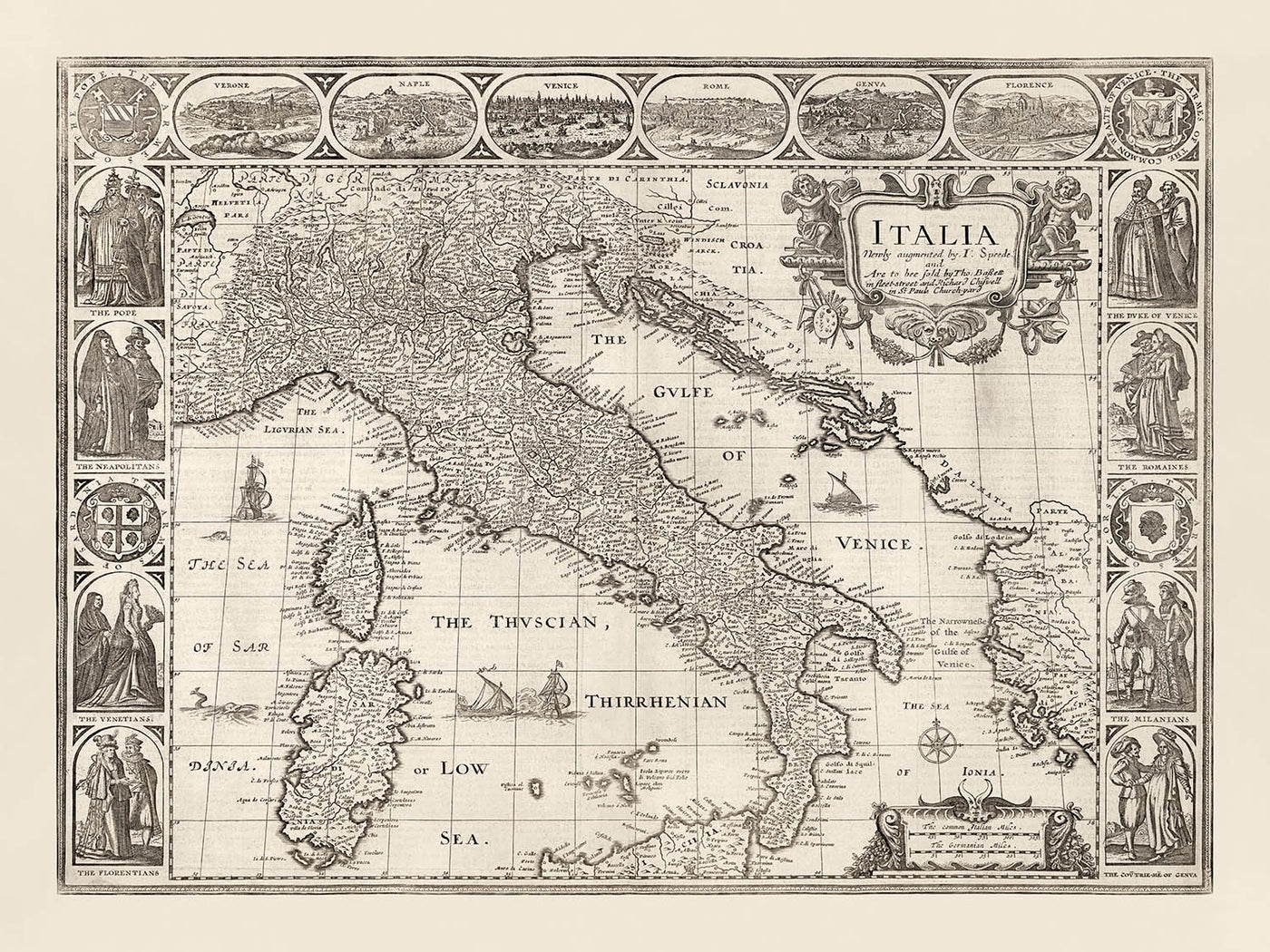 Old Monochrome Map of Italy, 1627 by John Speed - Corsica, Sardinia, Sicily, Venice, Rome, The Pope