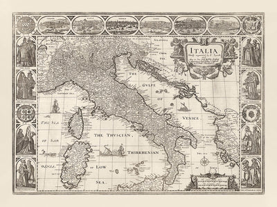 Old Monochrome Map of Italy, 1627 by John Speed - Corsica, Sardinia, Sicily, Venice, Rome, The Pope