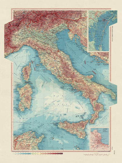 Old Map of Italy, 1967: Corsica, Sardinia, Sicily, Tyrrhenian Sea, Adriatic Sea
