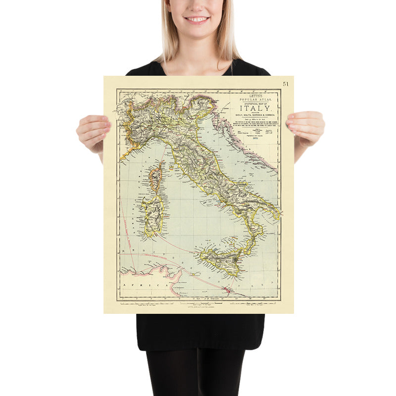 Antiguo mapa temático de Italia, 1883: Roma, Nápoles, Venecia, Monte Etna, Montes Apeninos