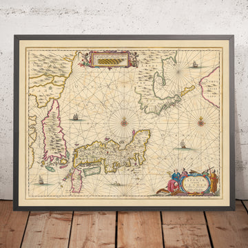 Mappa antica del Giappone e della Corea di Visscher, 1690: Tokyo, Osaka, Sapporo, Pyongyang, Monte Fuji 